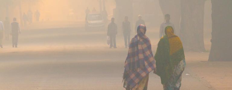 Two women walk down a tree-lined street in a city. The air is thick with smog. Other pedestrians can be seen walking along the road in the distance.