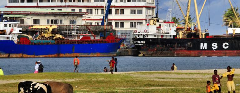 Ships are docked at a harbour in Madagascar. Cows and people are seen in the foreground.