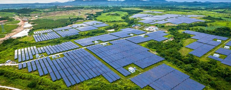 Solar panels covering a large green landscape.
