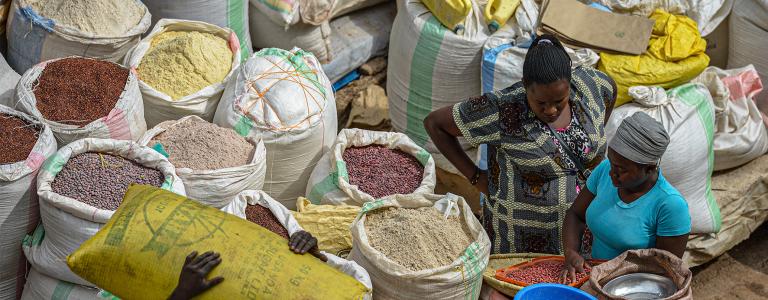 A busy market scene with numerous large bags filled with various grains and legumes. Two individuals are engaged in conversation near the bags. An individual is carrying a bag over their head.