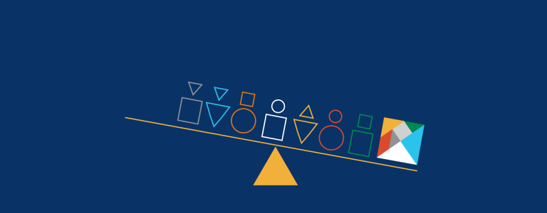 People depicted as geometric shapes stand on a tilting table weighed down by a colourful square. 