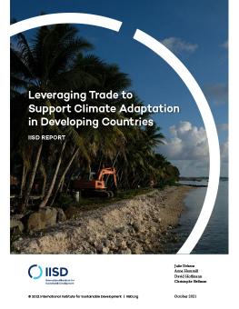 Leveraging Trade to Support Climate Adaptation in Developing Countries report cover showing construction equipment on tropical beach