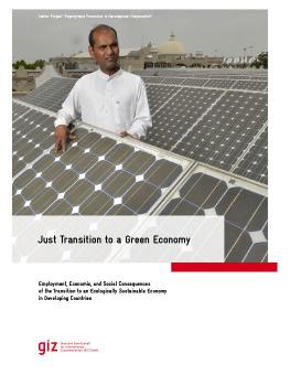 Just Transition to a Green Economy GIZ publication cover showing man beside solar panels