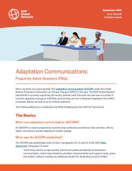 Adaptation Communications: Frequently Asked Questions cover showing illustration of climate negotiations