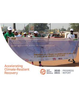Accelerating Climate-Resilient Recovery: NAP Global Network Progress Report 2020-2021 cover showing a climate march with banner in Ghana