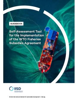 Self-Assessment Tool for the Implementation of the WTO Fisheries Subsidies Agreement  report cover with large ocean fishing boat with massive fishing net under the water
