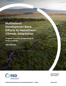 Multilateral Development Bank Efforts to Mainstream Climate Adaptation: Progress from the perspectives of three countries report cover showing an aerial view from a hot air balloon of the Maasai Mara in Kenya. 