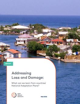 Addressing Loss and Damage report cover showing island housing on ocean