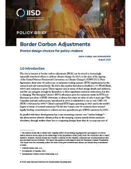 Border Carbon Adjustments Pivotal design choices for policy-makers brief cover showing a metal-melting factory.