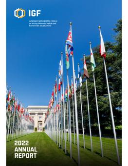IGF 2022 Annual Report cover showing the alley of flags in the courtyard of the United Nations in Geneva, Switzerland
