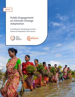 Public Engagement on Climate Change Adaptation report cover showing women planting mangrove saplings along the riverbanks of the Matla river in Sundarbans, India.