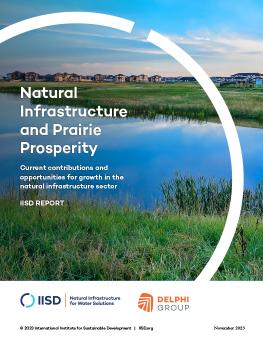 Natural Infrastructure and Prairie Prosperity report cover showing a small pond surrounded by grass near a residential area.