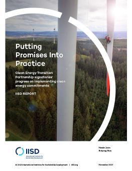 Putting Promises into Practice report cover showing technicians conducting an inspection of wind turbines above a forest.