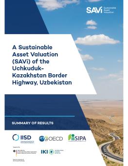 A Sustainable Asset Valuation (SAVi) of the Uchkuduk- Kazakhstan Border Highway, Uzbekistan report cover showing a highway through brown landscape.