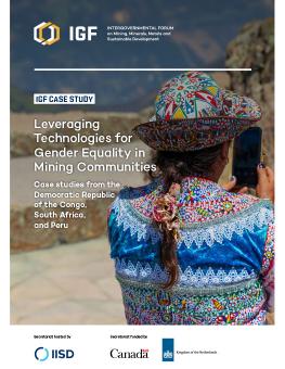 Leveraging Technologies for Gender Equality in Mining Communities brief cover showing a woman holding a mobile phone.