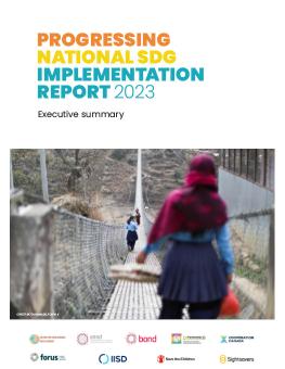 Progressing National SDG Implementation Report 2023 cover showing people walking along a bridge.
