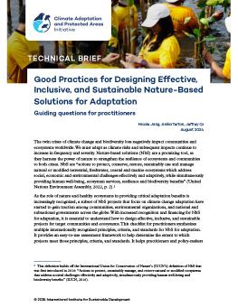 Good Practices for Designing Effective, Inclusive, and Sustainable Nature-Based Solutions for Adaptation brief cover showing the first page of the brief with an image of people wearing yellow shirts and white caps planting mangroves in the water in Banten, Indonesia.