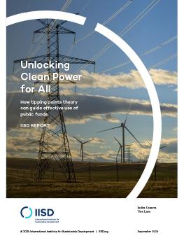 Unlocking Clean Power for All report cover showing power lines and wind turbines against a cloud-filled sky.