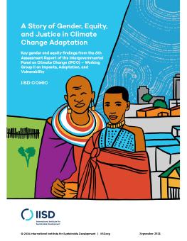 A Story of Gender, Equity, and Justice in Climate Change Adaptation report cover showing an illustration of two people standing in front of buildings.
