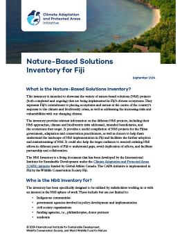 Nature-Based Solutions Inventory for Fiji report cover showing a beach flanked by forest and water.