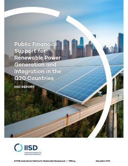 Public Financial Support for Renewable Power Generation and Integration in the G20 Countries report cover showing a solar panel in front of tall city buildings.