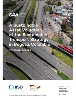 A Sustainable Asset Valuation of the Sustainable Transport Strategy in Bogota, Colombia, report cover showing an aerial view of traffic travelling along a highway in Bogota.