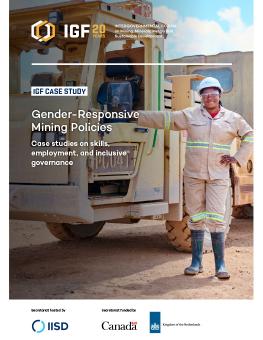 Gender-Responsive Mining Policies report cover showing a woman wearing safety clothing and a hard hat, standing next to heavy machinery.