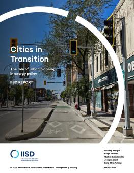 Cities in Transition report cover showing an active transportation lane along a street in a city.