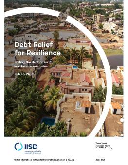 Debt Relief for Resilience report cover showing an aerial view of beige buildings and palm trees.