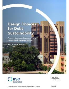 Design Choices for Debt Sustainability report cover showing a tall building surrounded by smaller buildings and trees.
