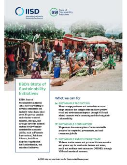 IISD's State of Sustainability Initiatives brochure cover showing people at a market.
