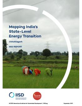 Mapping India's State-Level Energy Transition: Chhattisgarh report cover showing people working in a field with powerlines and towers in the background.