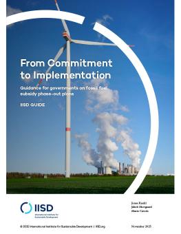 From Commitment to Implementation report cover showing a wind turbine in front of industrial area.