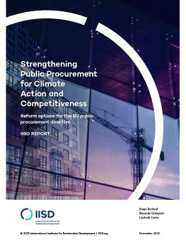 Strengthening Public Procurement for Climate Action and Competitiveness report cover showing within a window reflection a building and a crane.