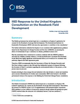 The first page of the IISD Response to the United Kingdom Consultation on the Rosebank Field Development brief