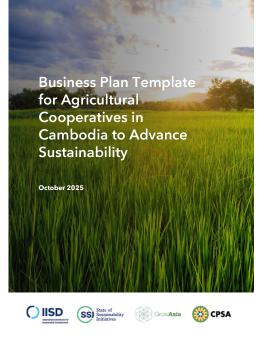 Business Plan Template for Agricultural Cooperatives in Cambodia to Advance Sustainability cover showing a grassy landscape at sunset.