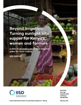Beyond Irrigation: Turning sunlight into supper for Kenya’s women and farmers report cover showing a woman standing in front of a fruit stand.