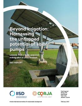 Beyond Irrigation: Harnessing the untapped potential of solar pumps report cover showing a pump next to solar panels.