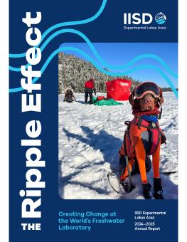 IISD-ELA Annual Report 2024-2025 report cover showing oil sniffing dog on frozen lake