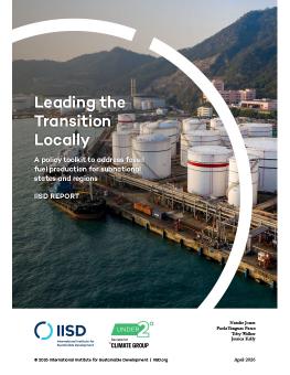 Leading the Transition Locally report cover showing oil storage tanks next to a shipping dock.
