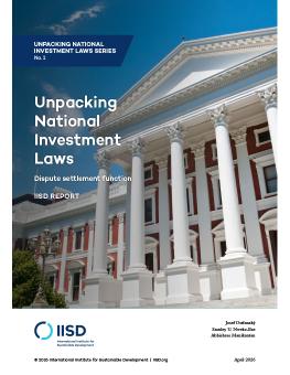Unpacking National Investment Laws report cover showing the front of a large red-and-white building.
