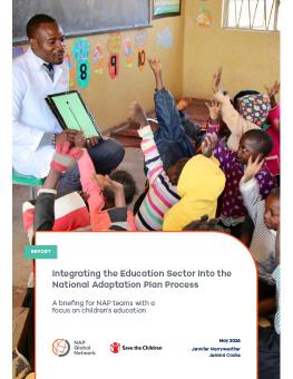 Integrating the Education Sector Into the National Adaptation Plan Process report cover showing children raising their hands in a classroom.