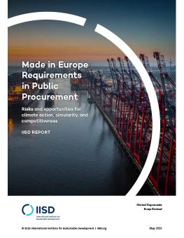 Made in Europe Requirements in Public Procurement report cover showing ships in a canal at sunset.