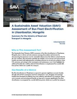 First page of the A Sustainable Asset Valuation (SAVi) Assessment of Bus Fleet Electrification in Ulaanbaatar, Mongolia summary.