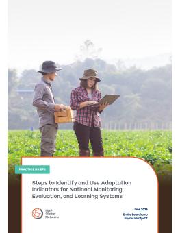 Steps to Identify and Use Adaptation Indicators for National Monitoring, Evaluation, and Learning Systems report cover showing two people standing in a field; one holds a laptop and the other a small crate of produce.