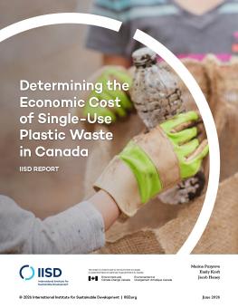 Determining the Economic Cost of Single-Use Plastic Waste in Canada report cover showing a person's hand placing a plastic water bottle into a bag.