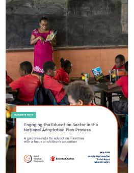 Engaging the Education Sector in the National Adaptation Plan Process report cover showing a teacher reading in front of a classroom of children.