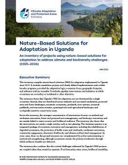 First page of the Nature-Based Solutions for Adaptation in Uganda report showing a body of water surrounded by trees and hills.