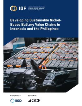 Developing Sustainable Nickel-Based Battery Value Chains in Indonesia and the Philippines report cover showing a robotic workstation assembling an electric vehicle battery system with visible wiring and modules.