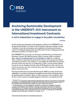 First page of the Anchoring Sustainable Development in the UNIDROIT–ICC Instrument on International Investment Contracts brief